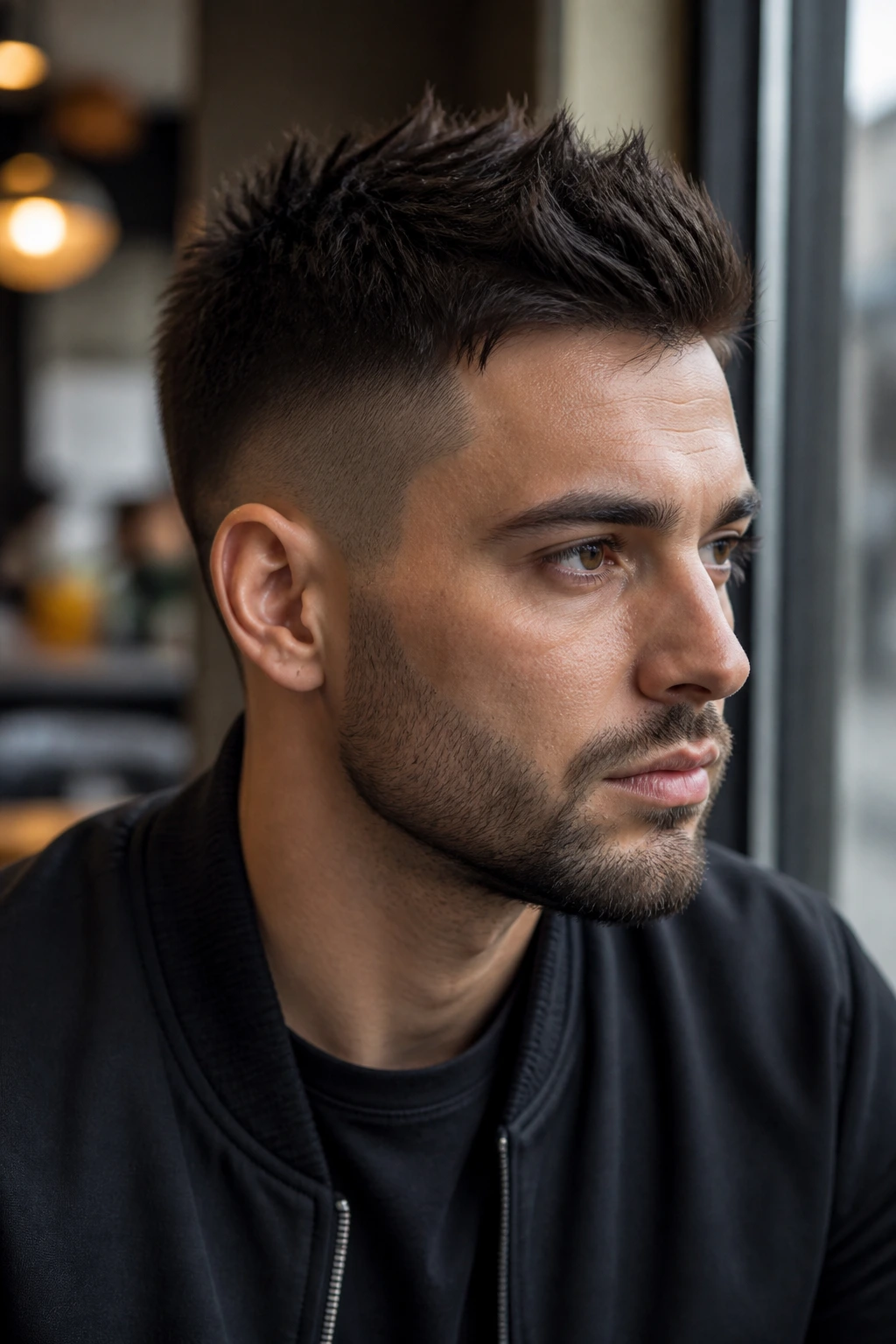 Close-up portrait of a man with a Spiky Top Undercut in a cafe setting