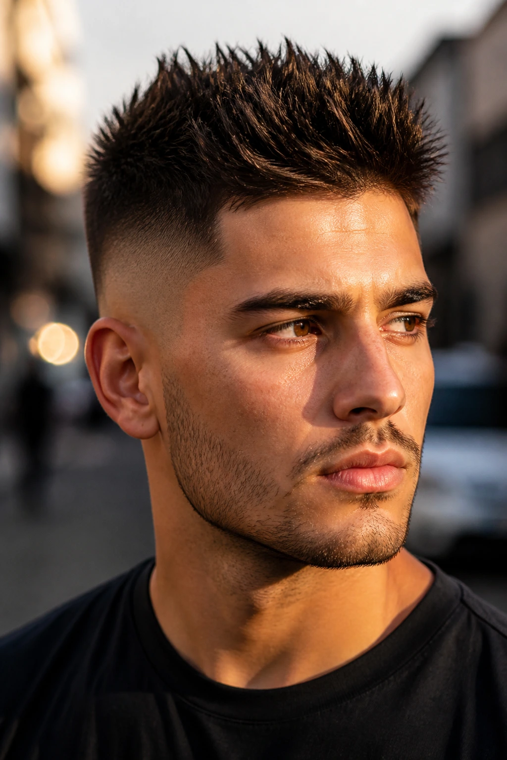 Close-up portrait of a person with a spiky short undercut on an urban street.