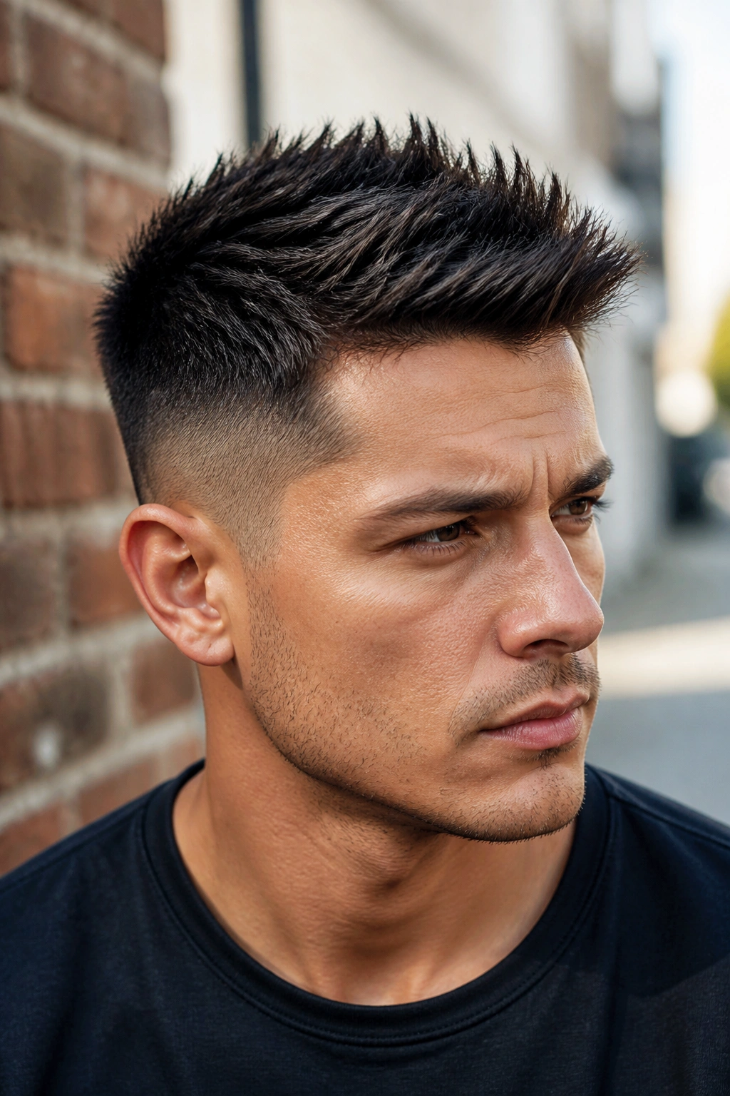 Man with spiky undercut hair close-up