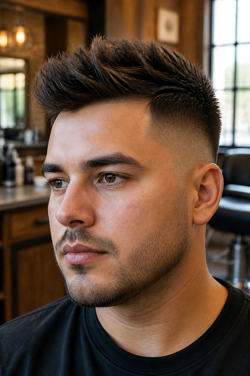 Close-up portrait of a real man with a Spiky Top Undercut featuring short top spikes and tight fade