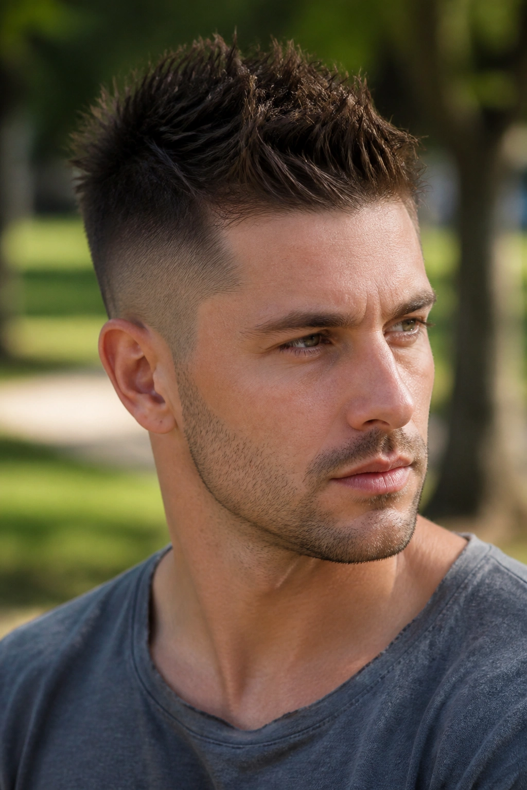 Close-up portrait of a real man with spiky short undercut