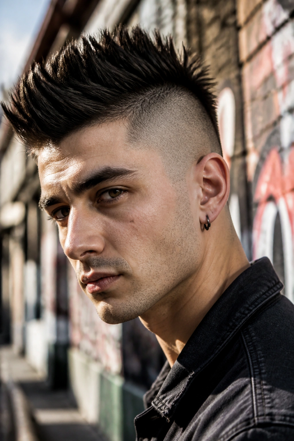 Real person with spiky undercut in an urban alley setting.