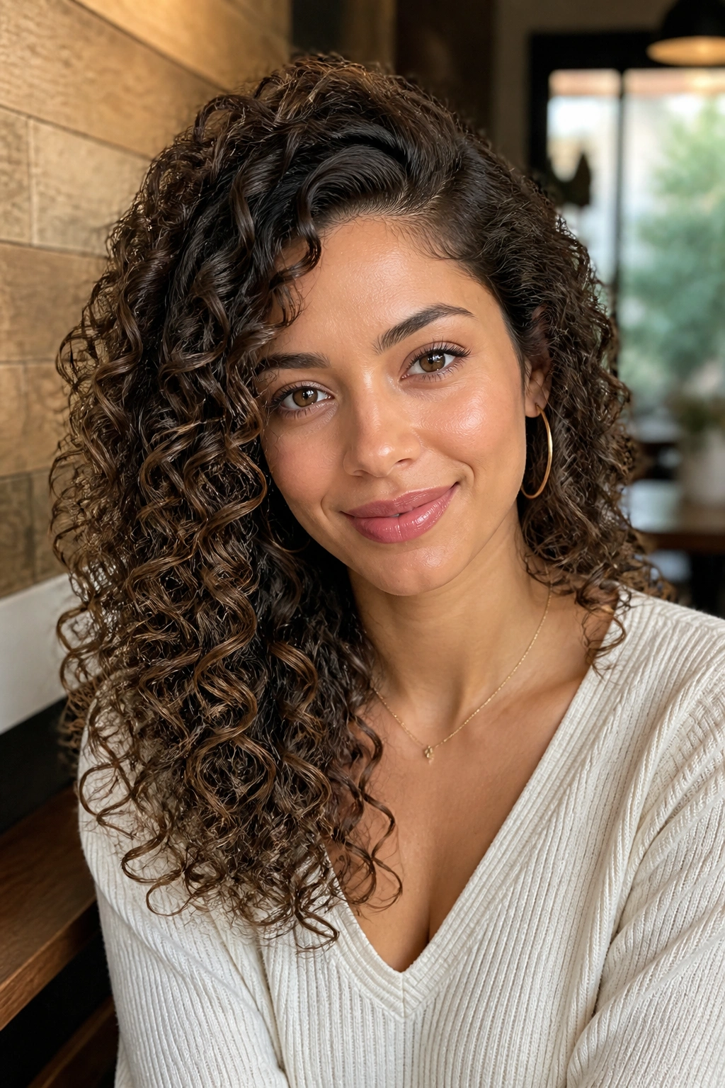 Portrait of a person with medium spiral curls and a side part.