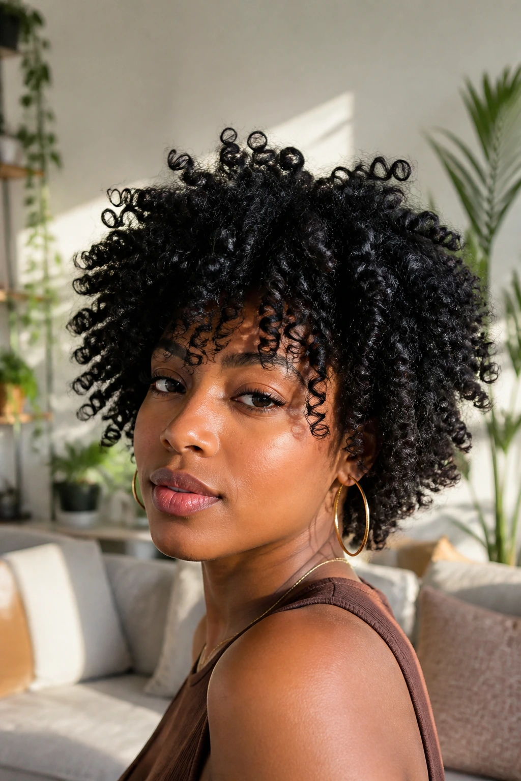 Close-up portrait of a person with defined spiral coils and layered crown.