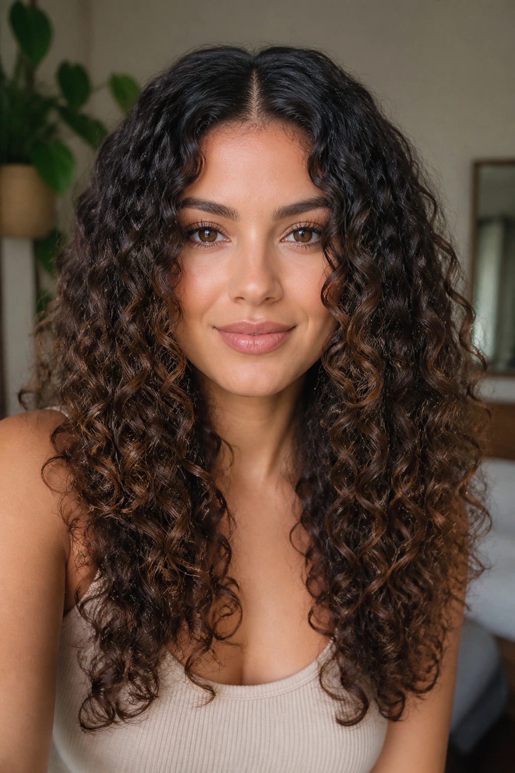 Close-up of a real person with Long Spiral Layers and a Center Part