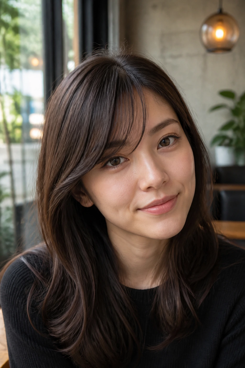 Close-up portrait of a real woman with split bangs in a 70/30 part