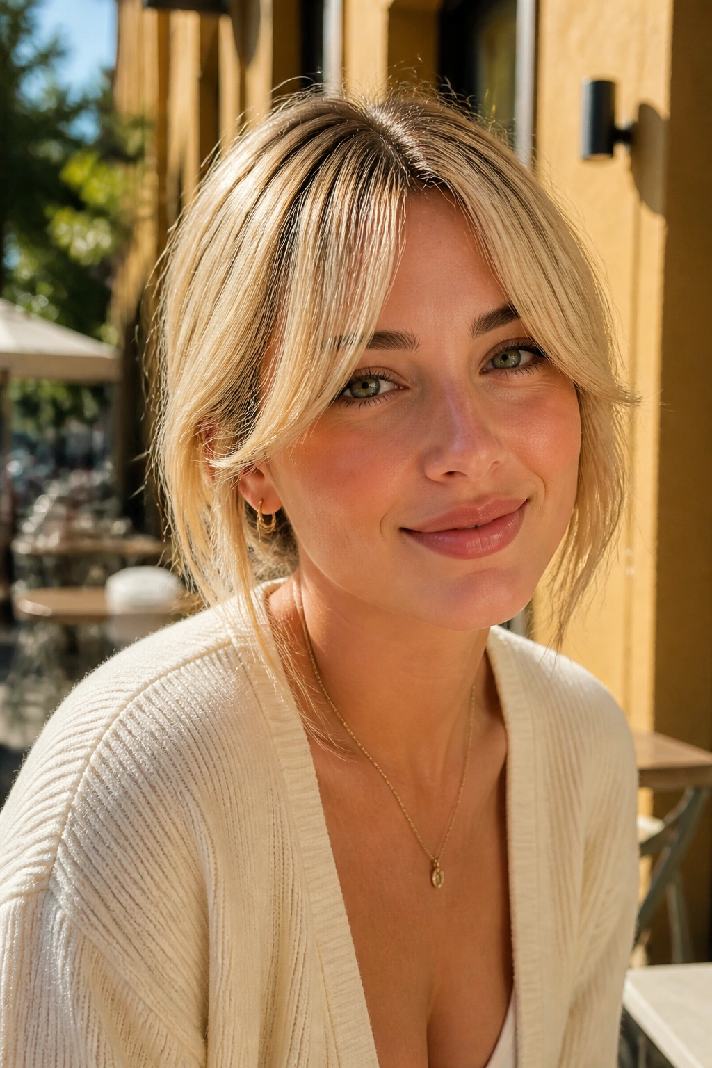 Close-up of a real woman with buttery blonde split bangs.
