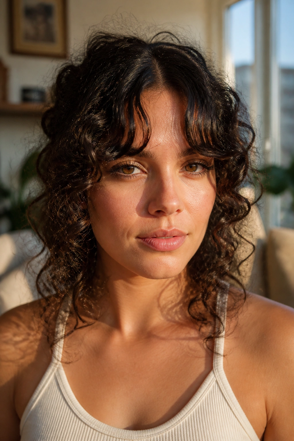 Portrait of a real woman with split bangs and a soft center gap