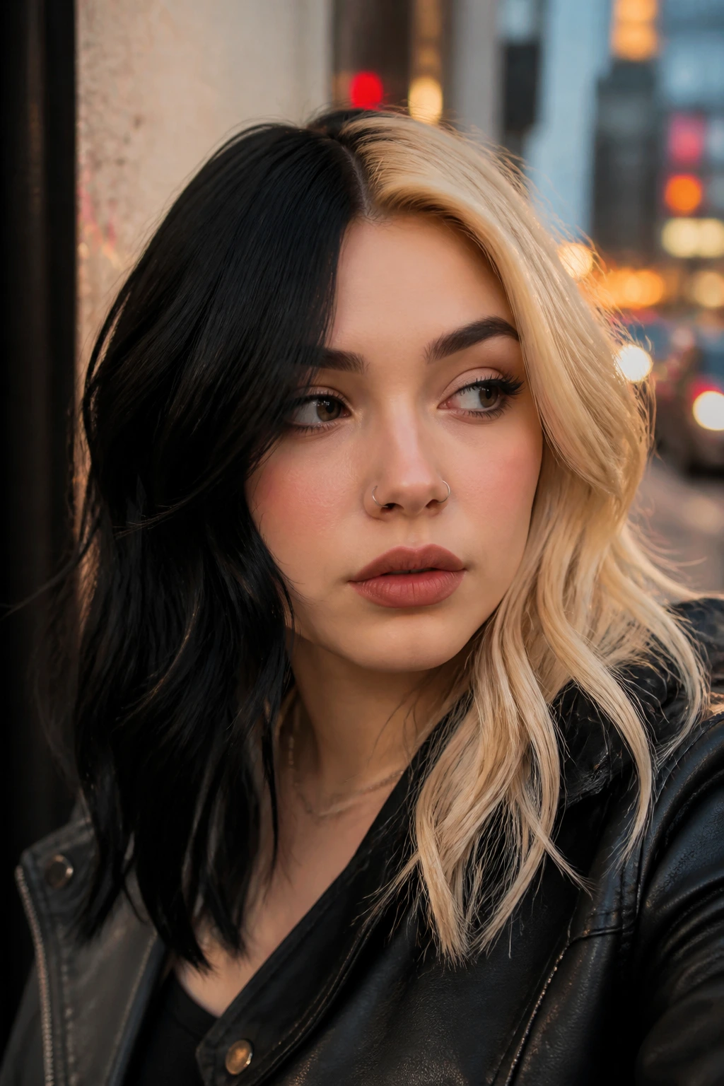 Portrait of a real woman with bold split-dye black and blonde hair.