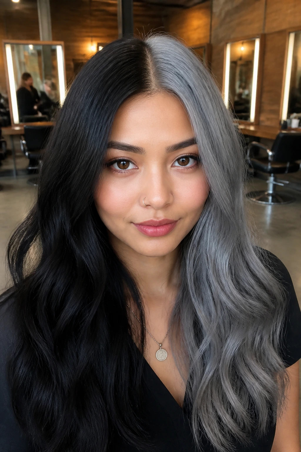 Portrait of person with black and gray split dye hair, center-part.