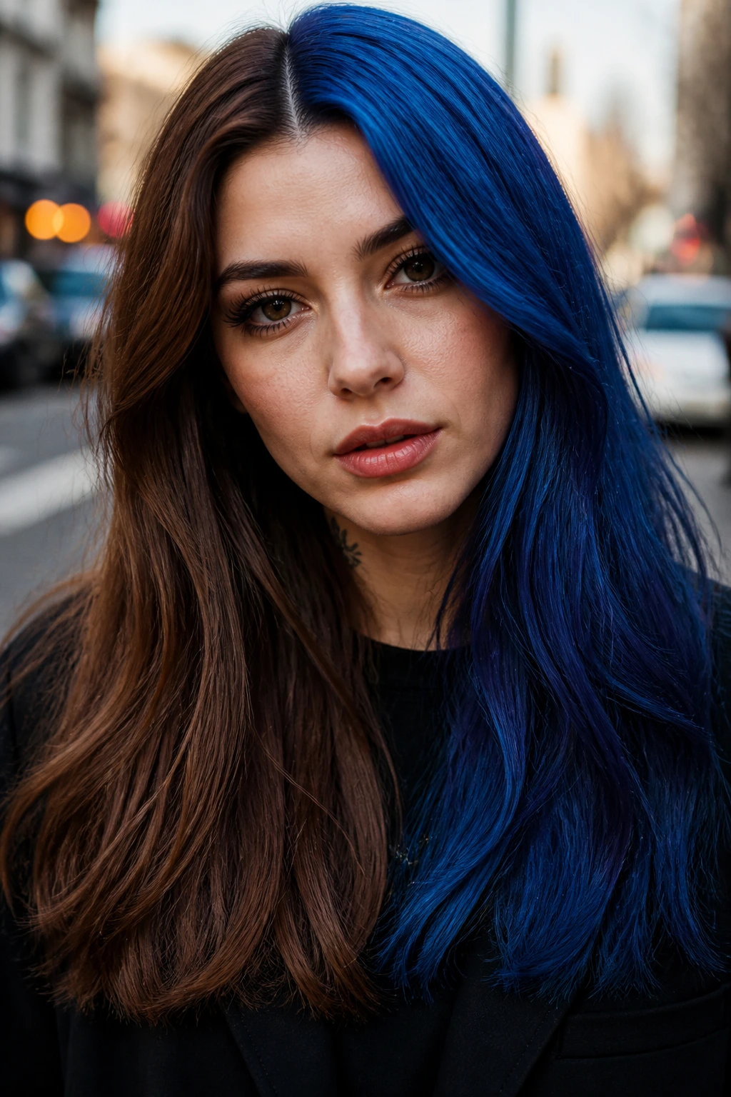 Front-facing portrait showing split-dye blue panels in hair.
