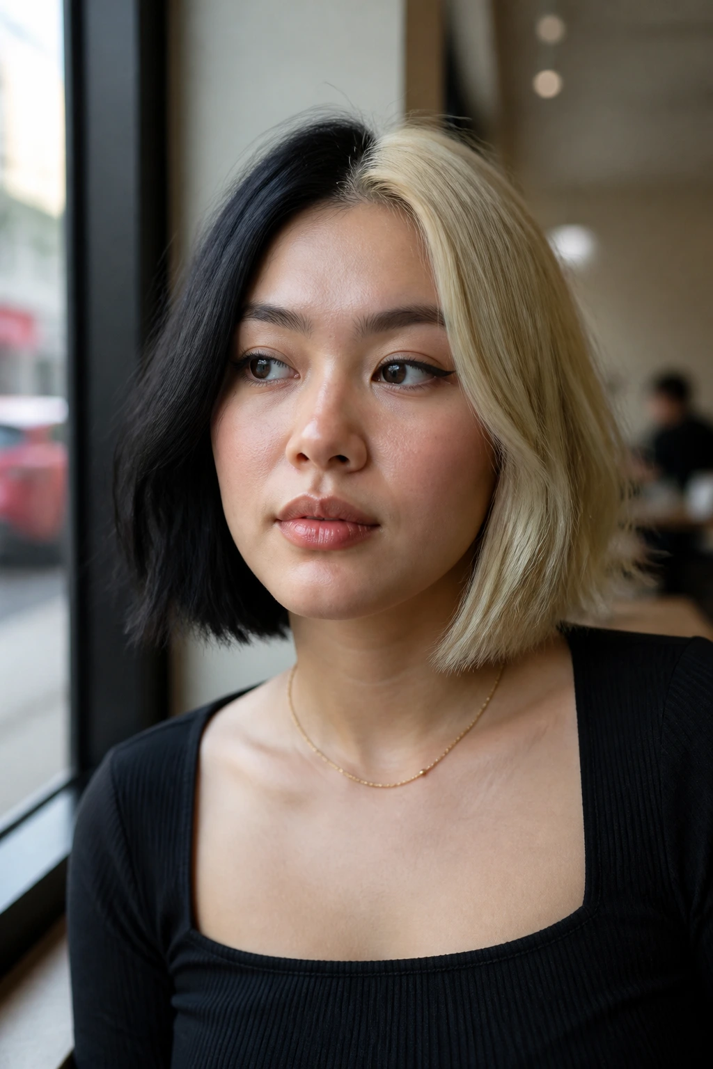 Close-up of split-dye black and blonde bob with off-center line