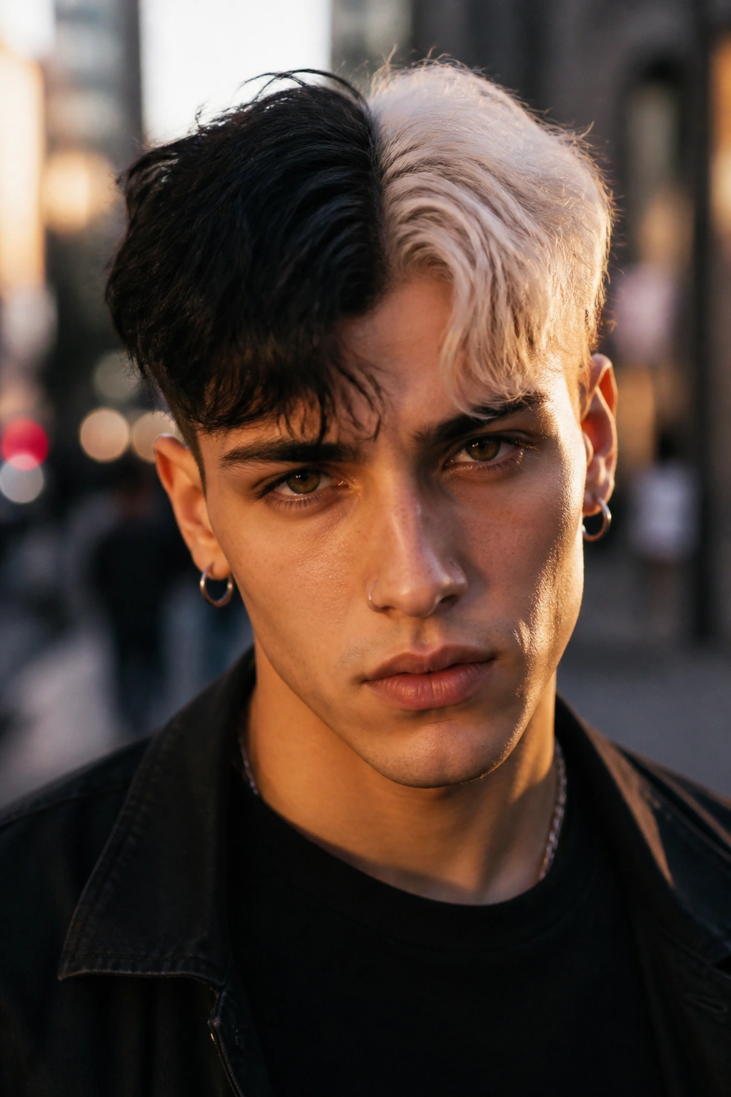 Close-up portrait of a man with a bold split-dye hairstyle showing crisp color division.