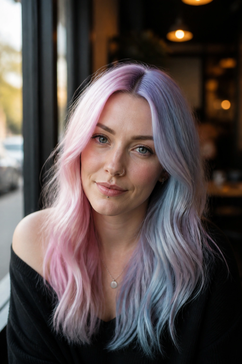 Real person with cotton candy split dye hair showing blue-pink and lilac sides