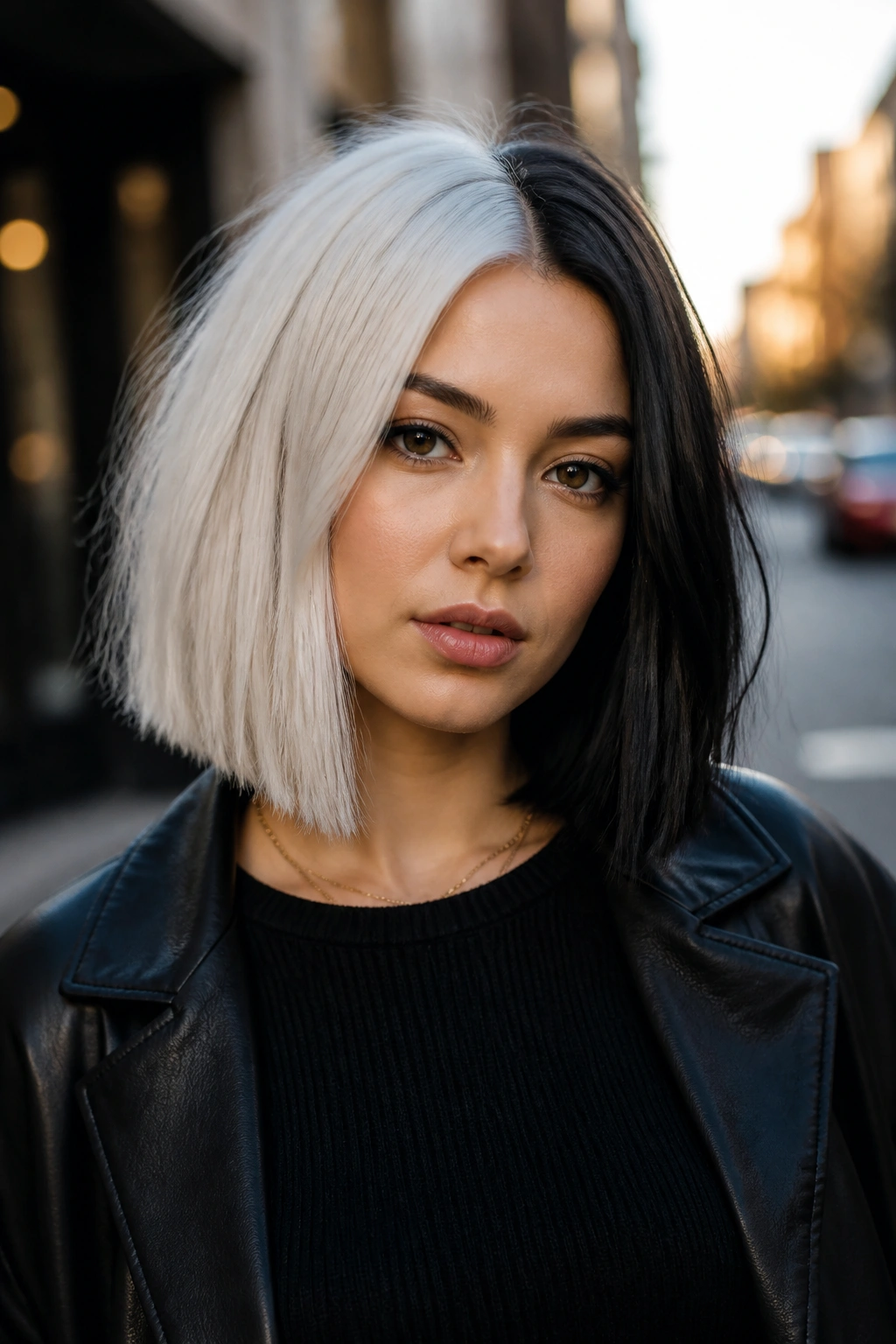 Medium close-up of a real woman showing a collarbone-length split-dye lob with off-center part in black and white.