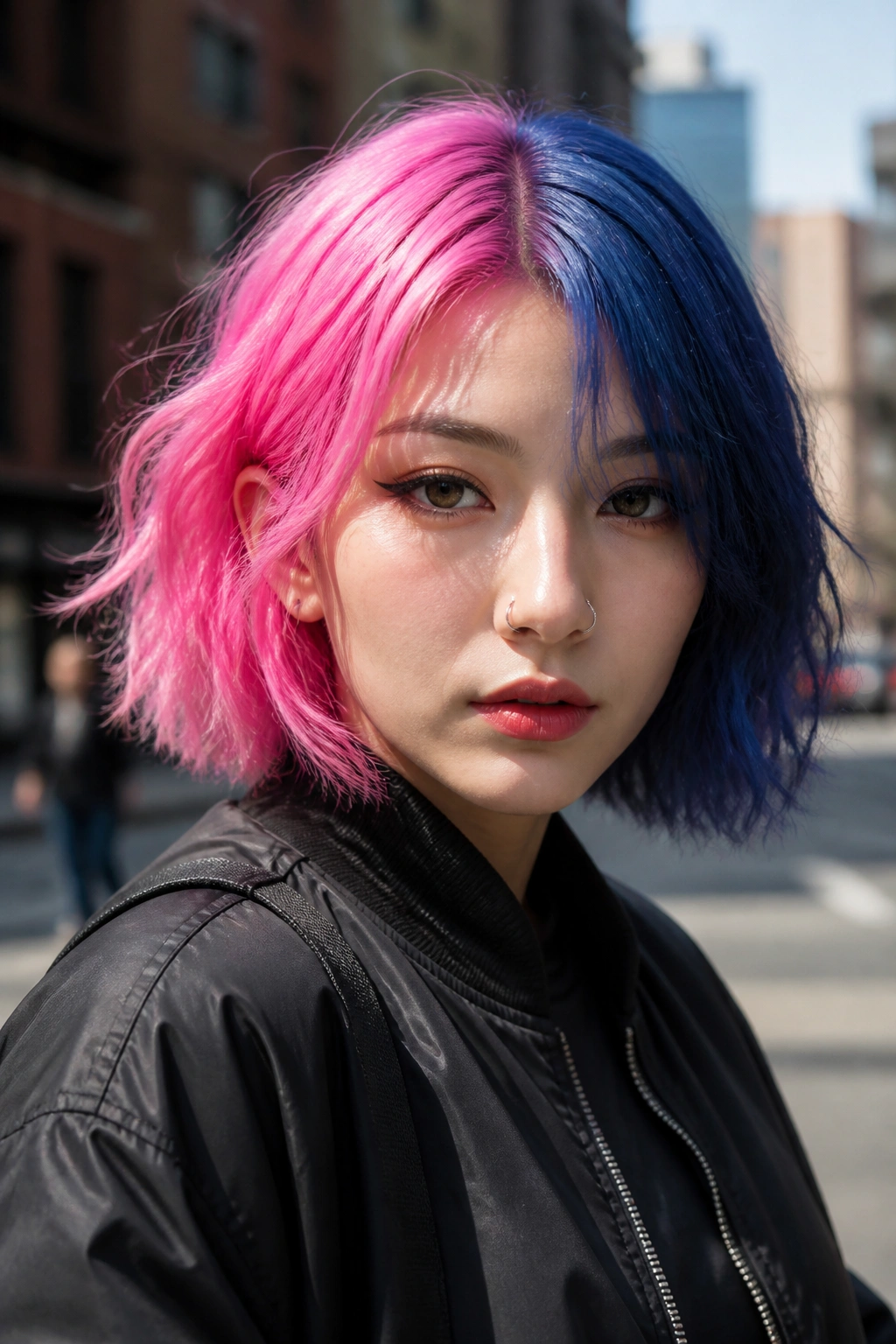 Portrait of a real person with split-dye pink and indigo hair on a city street