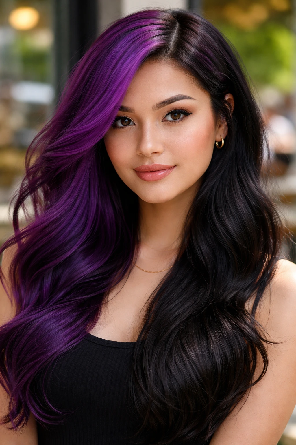 Close-up portrait of a real person with two-toned purple and black split dye hair