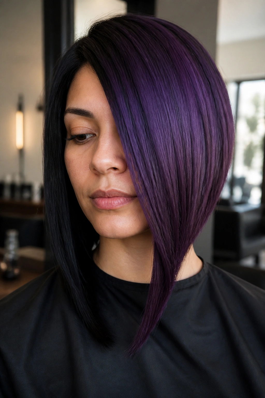 Close-up of a woman with a split-dyed black and purple asymmetrical bob