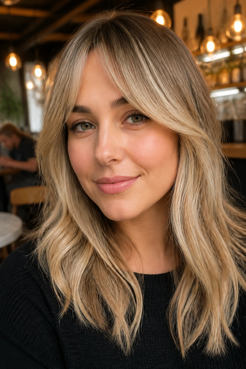 Real woman with split fringe and subtle balayage highlighting the cheekbone.