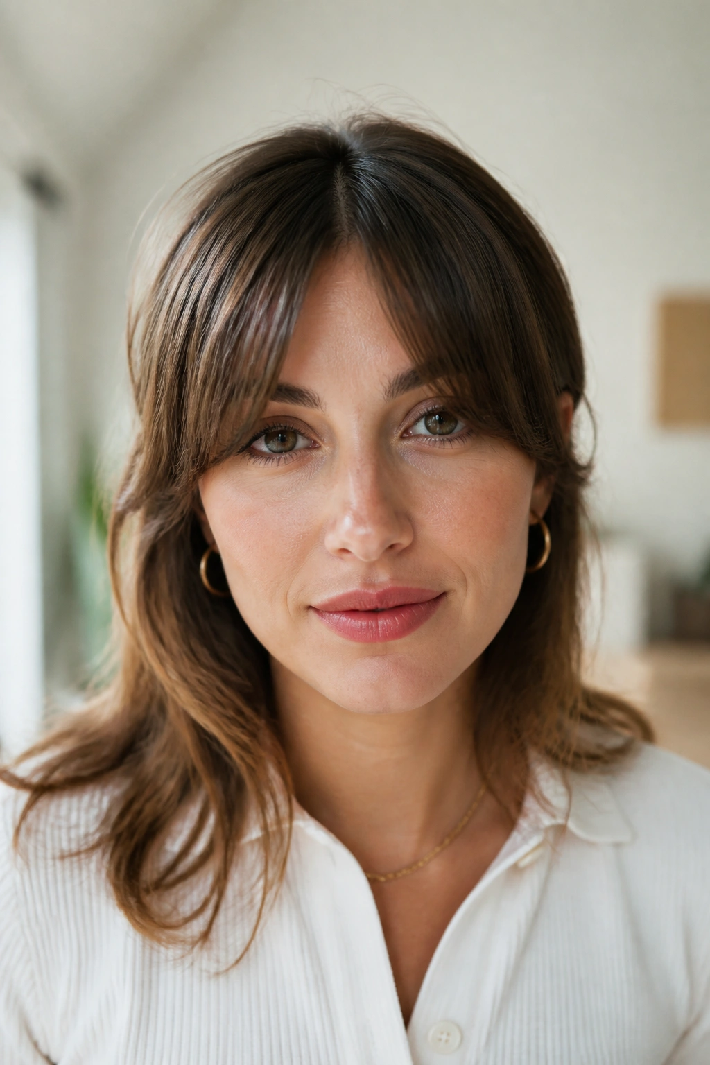 Close-up portrait of a real person with split fringe parts at the bridge.