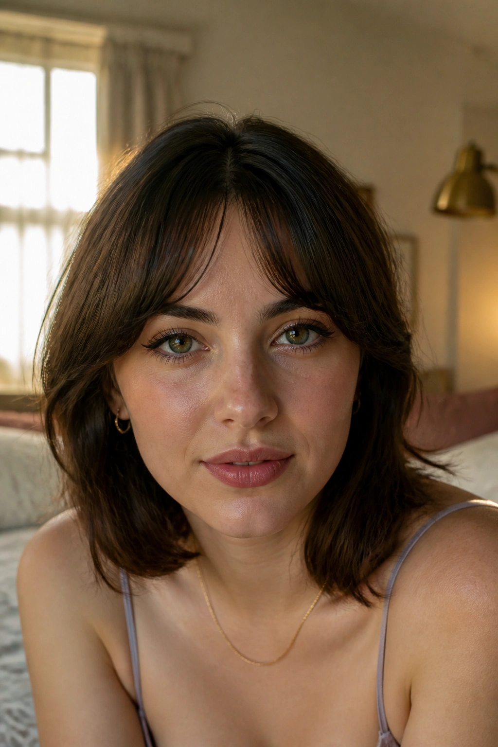 Close-up portrait of a real woman with split fringe above brows in warm window light