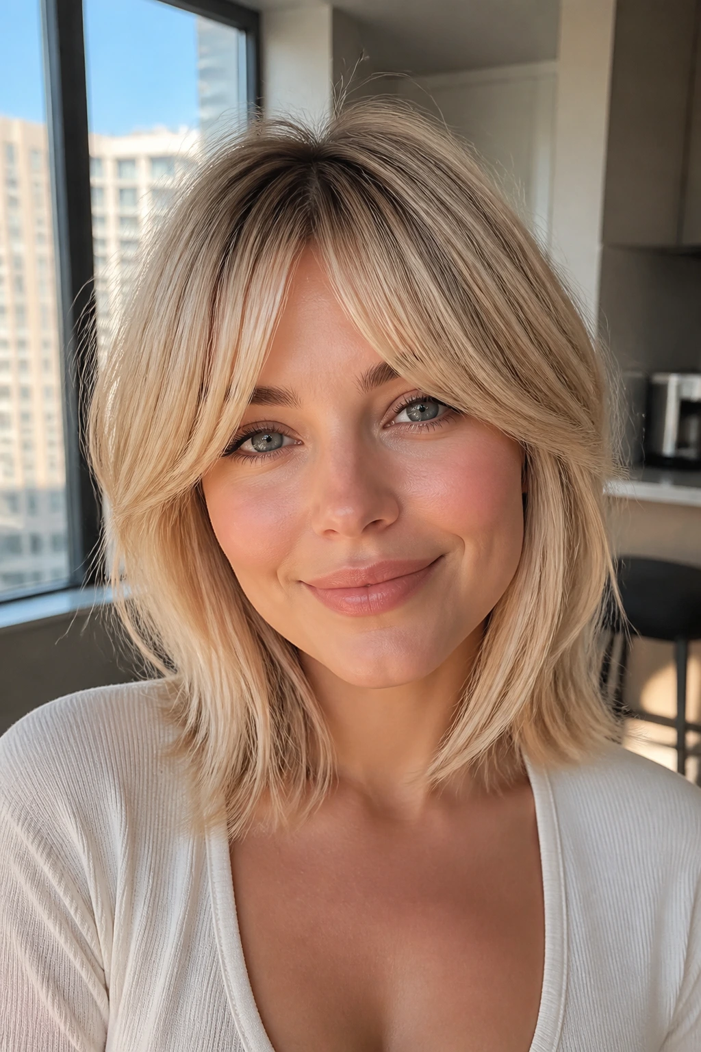 Close-up of a real person with a split fringe and face-framing layers in blonde.