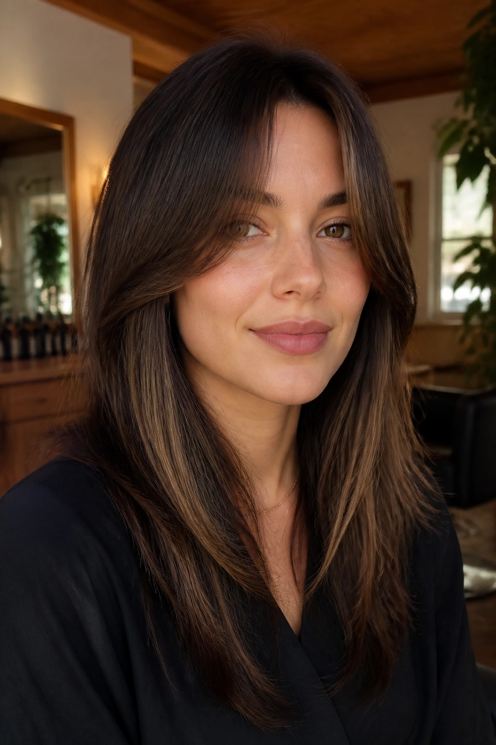 Close-up of split fringe with face-framing layers on a real woman in a bright salon