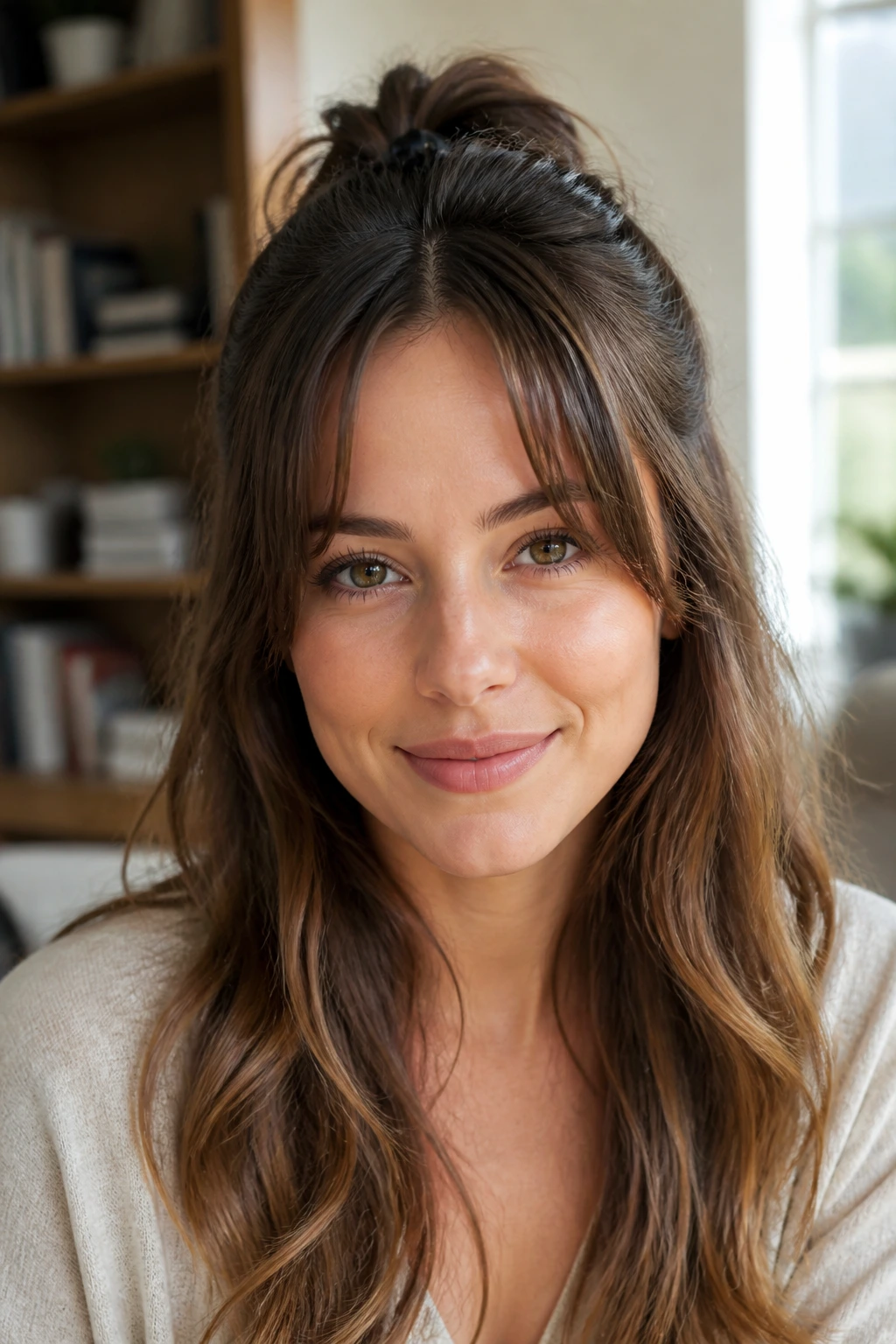 Close-up of a real woman with split fringe and half-up style