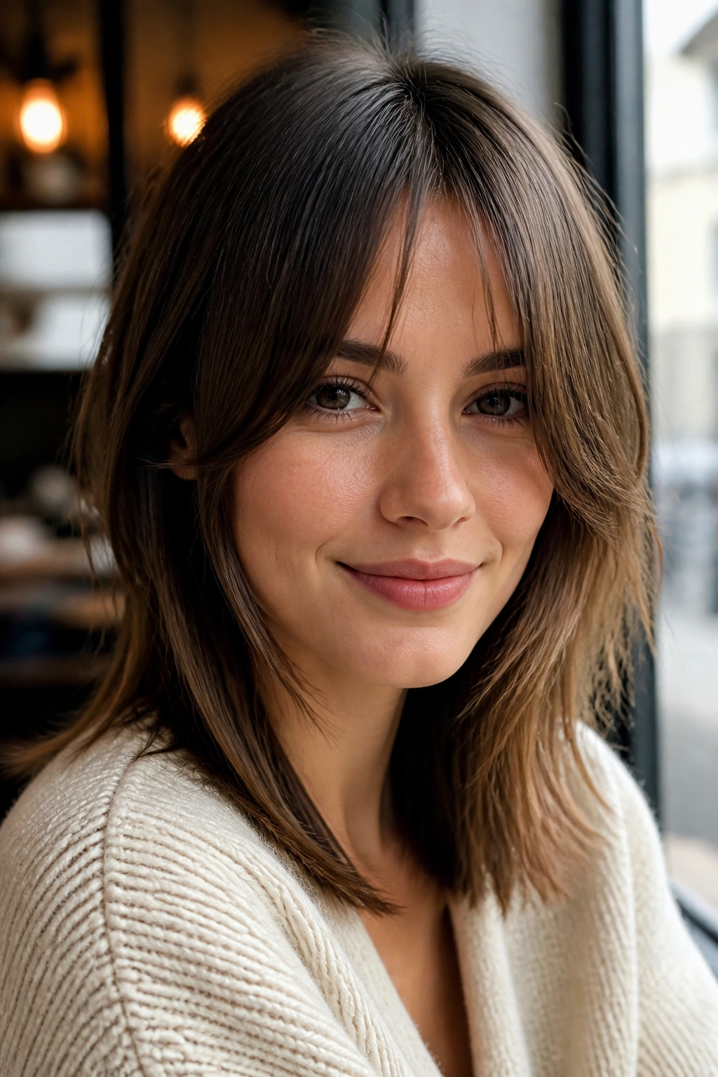 Real woman with split fringe and jawline pieces, portrait in a cafe.