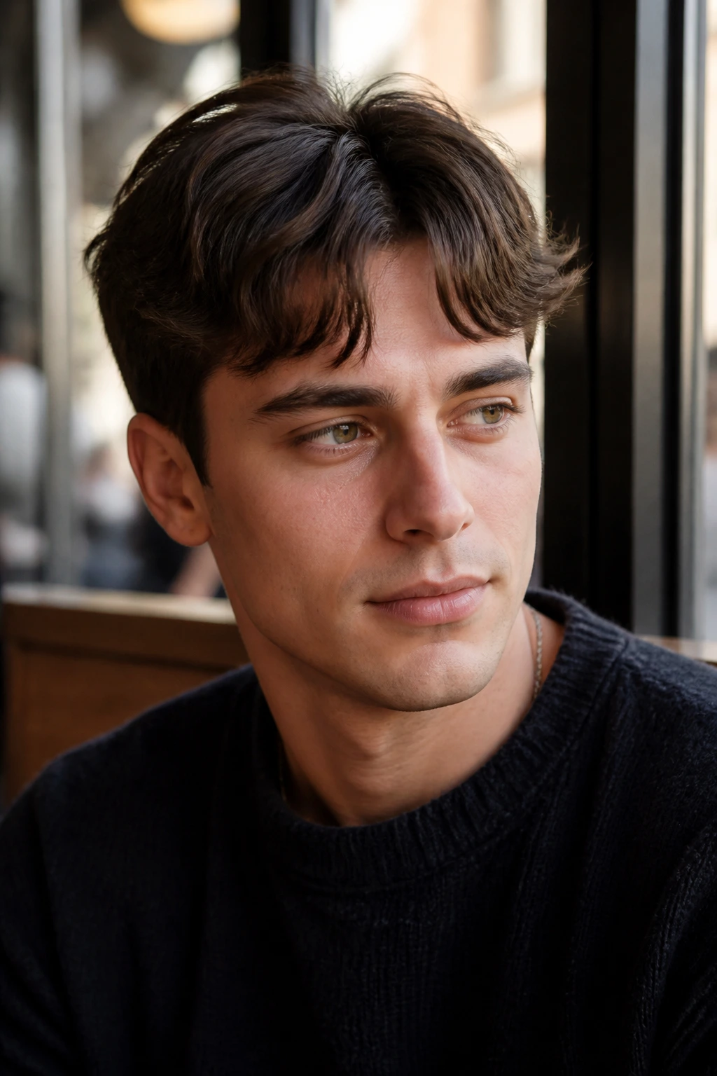 Close-up of a man with a split fringe hairstyle, center-parted two-front sections, natural window light.