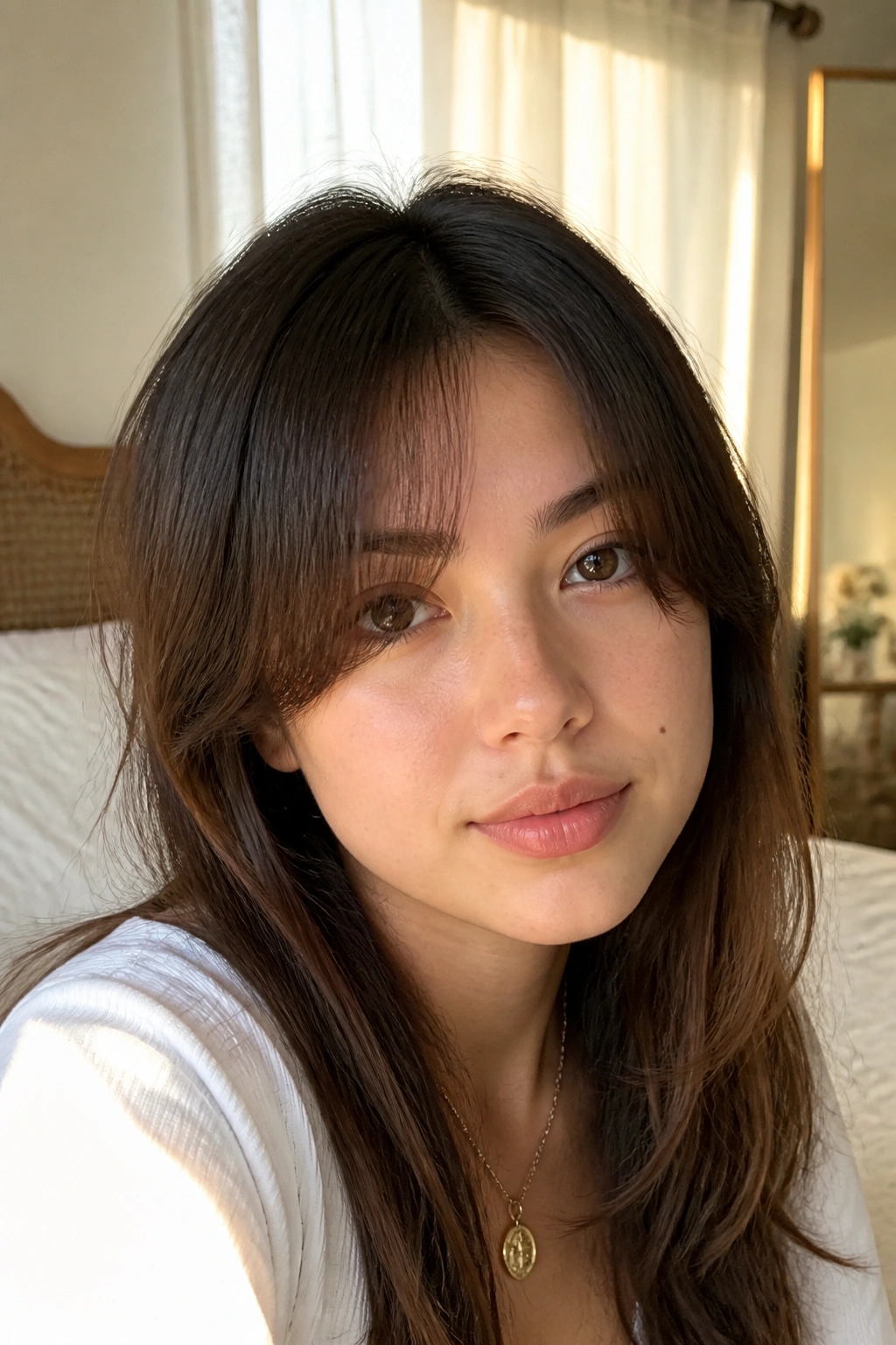 Real woman with split fringe and soft middle part, warm bedroom lighting
