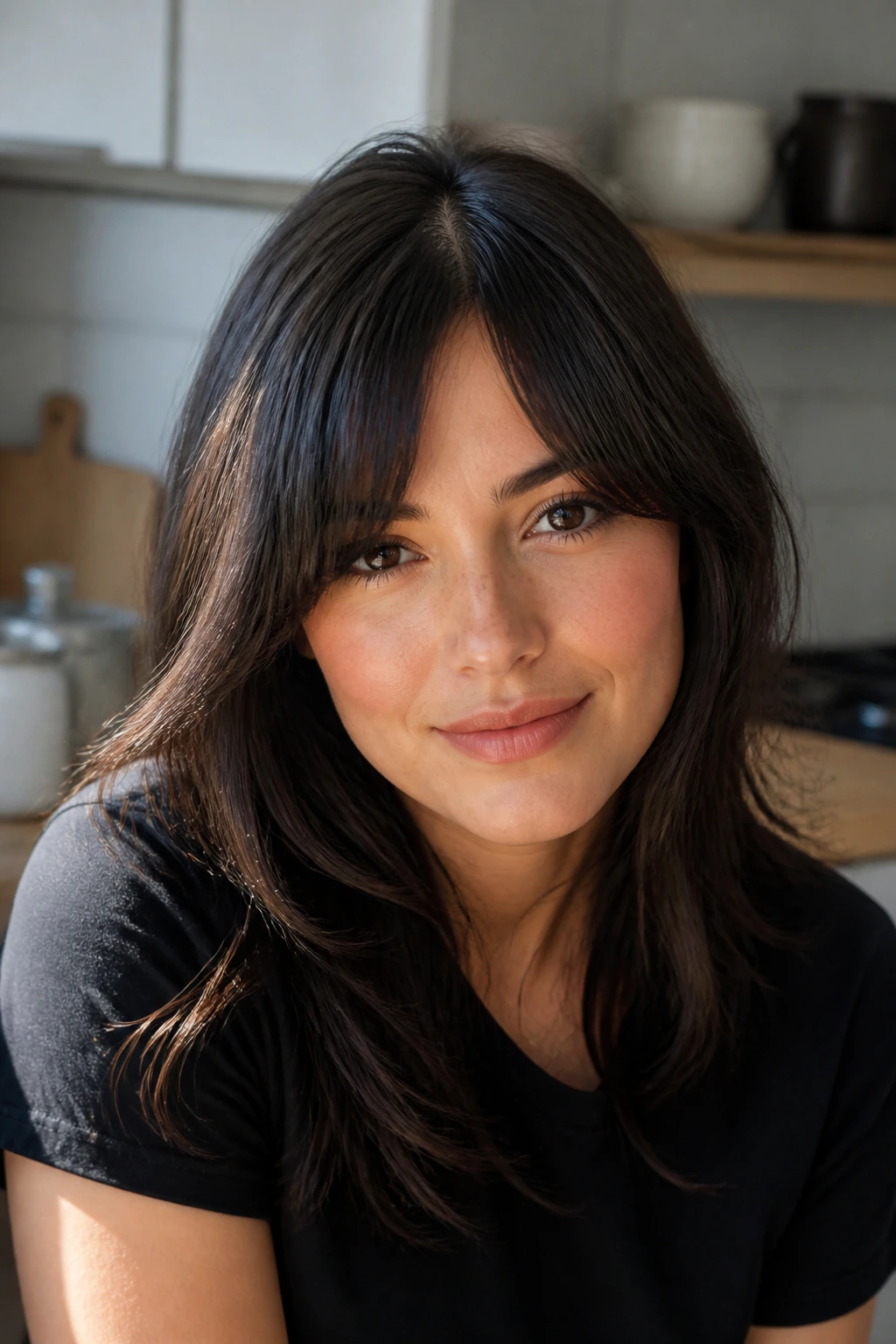 Close-up real-woman portrait with split fringe and off-center part.