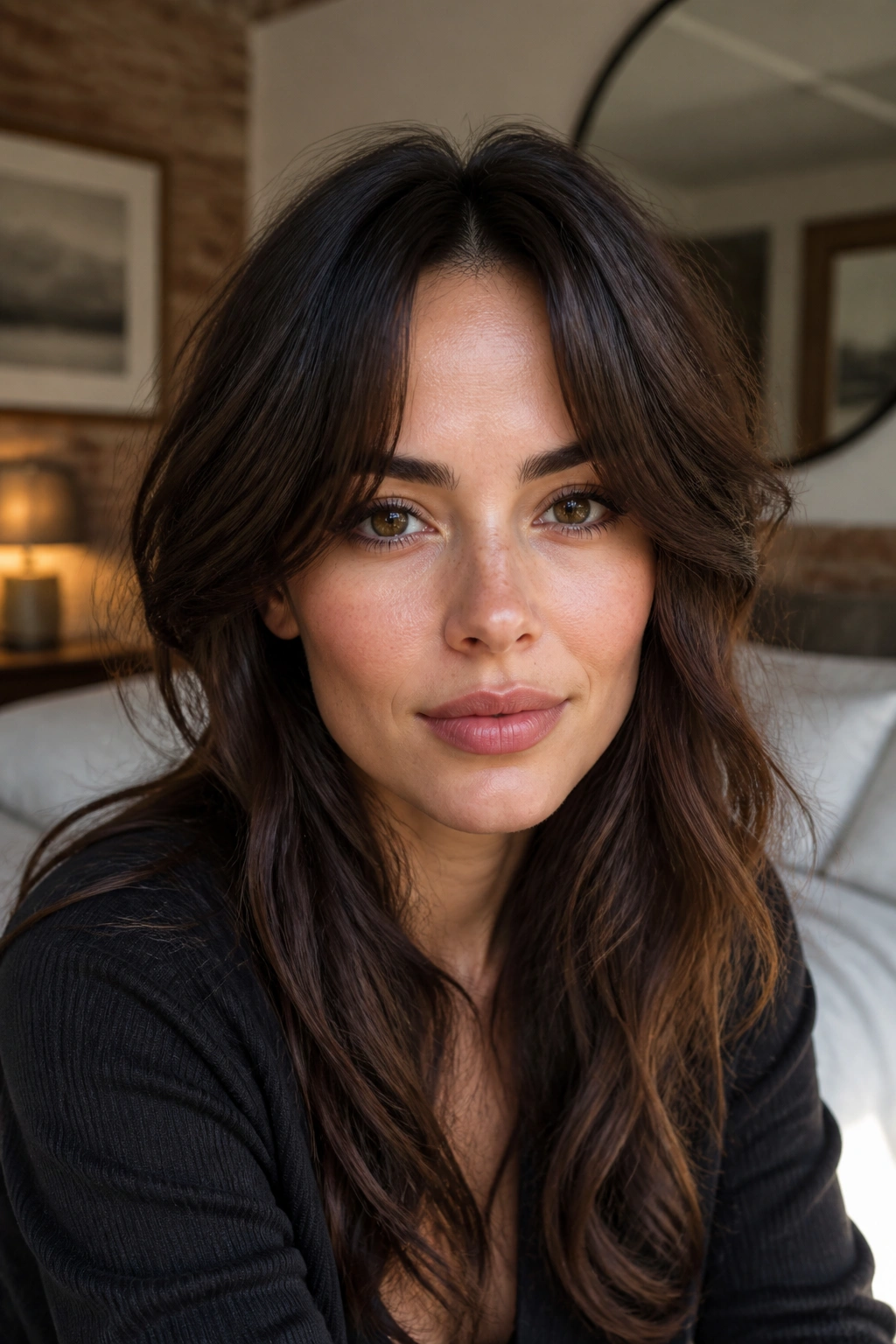Close-up portrait of a real woman with split fringe and open forehead