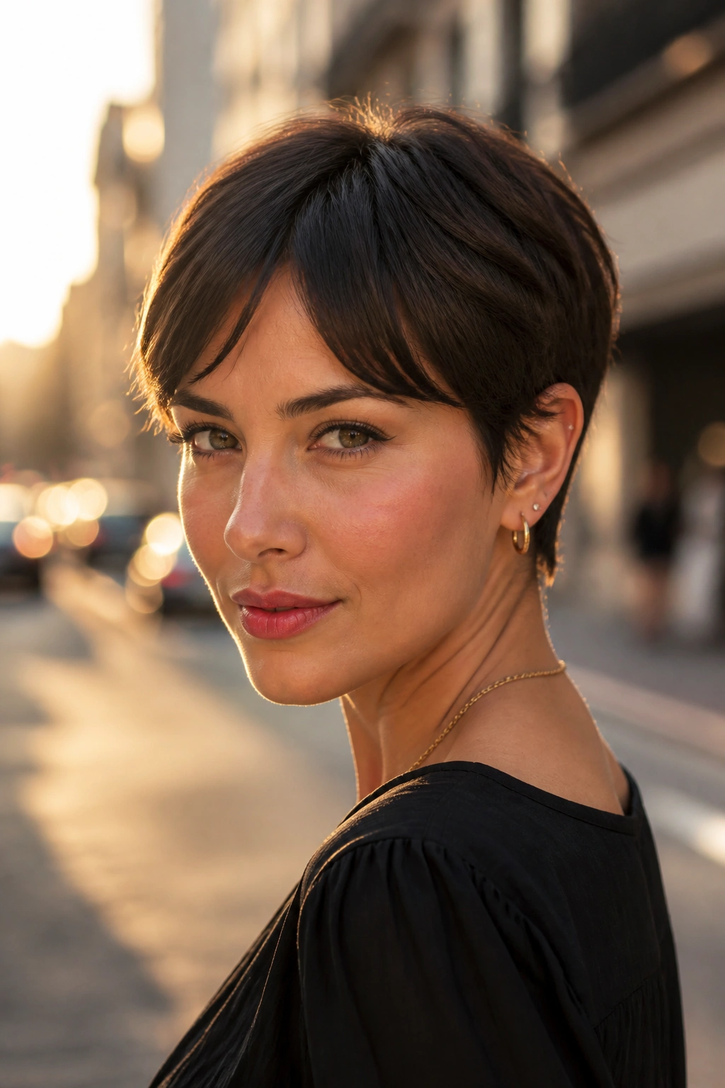 Close-up of a real woman with a split fringe on a pixie cut in golden hour light.
