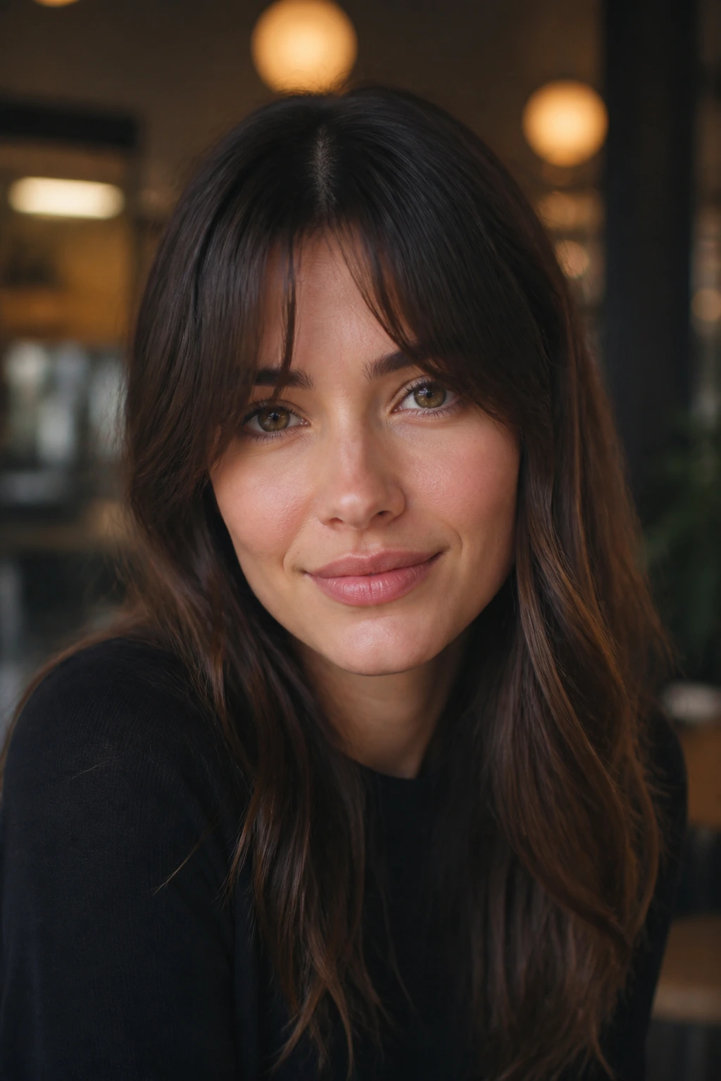 Close-up portrait of a woman with a split fringe