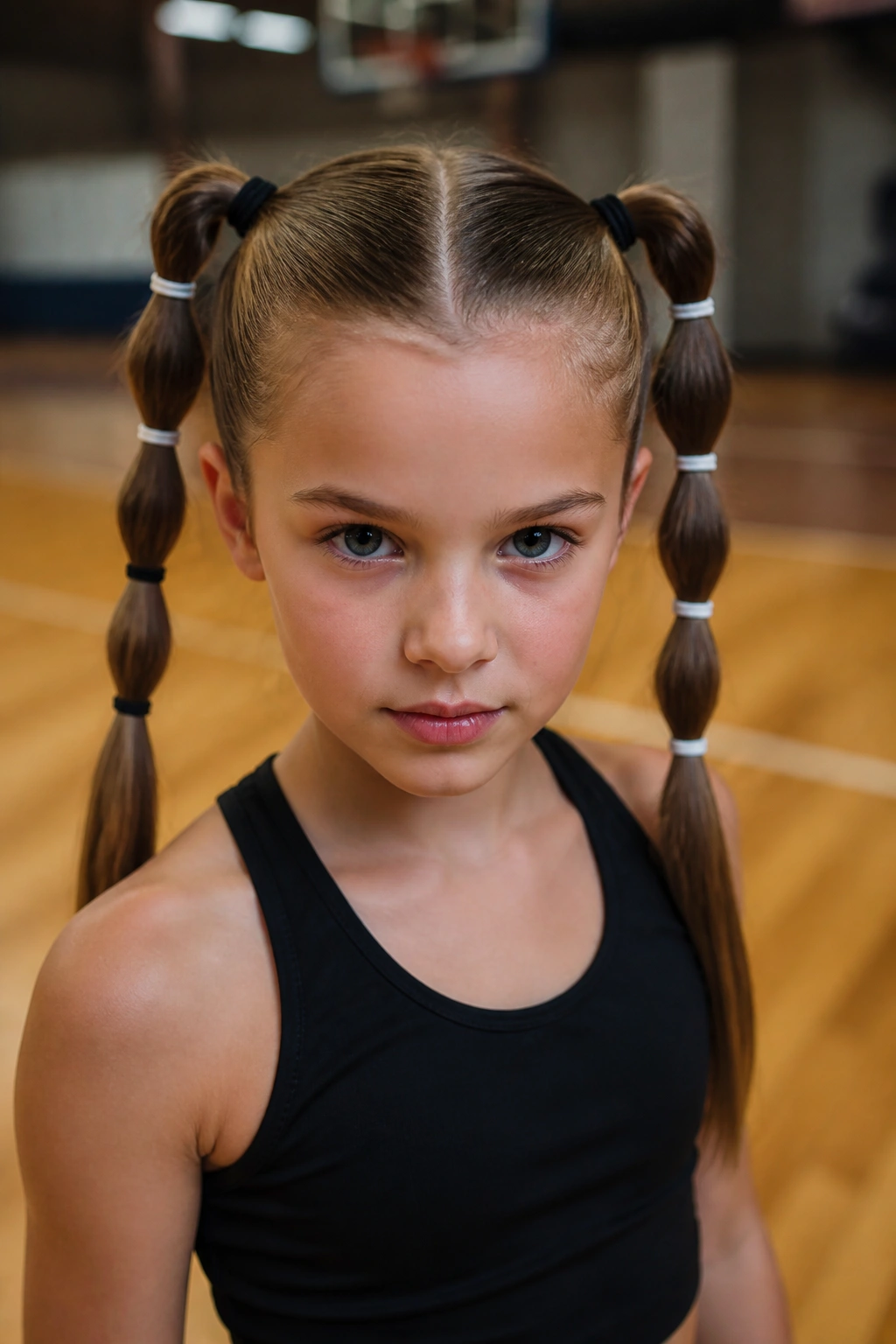 Close-up of a real girl with sporty elastic-stack high pigtails in a gym