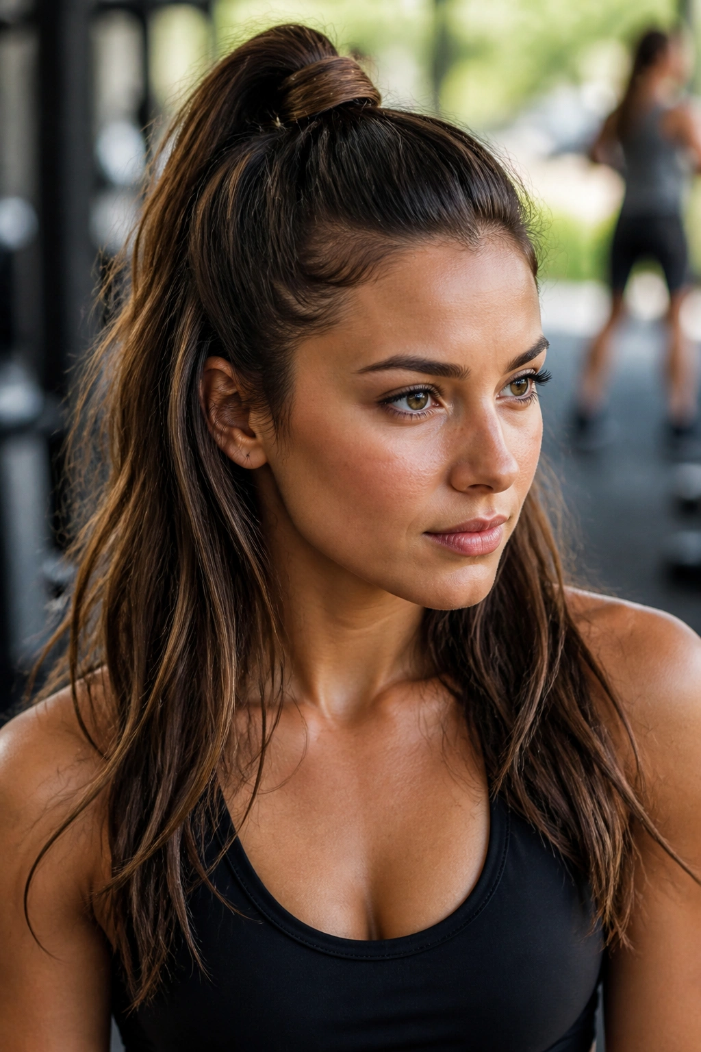 Close-up of a real woman with a sporty half-up ponytail featuring an elastic wrap.