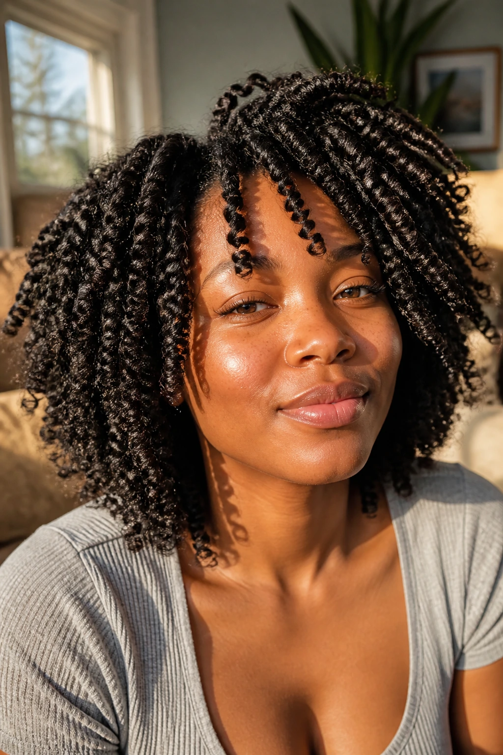 Close-up portrait of a real woman with spring twists filling the frame in a sunlit living room