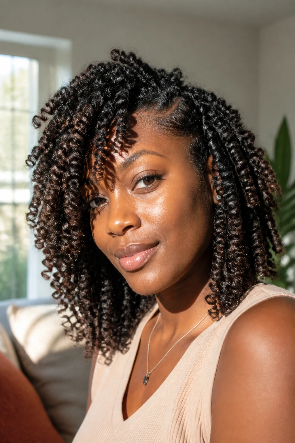 Close-up of a real woman with spring twists by a sunny window