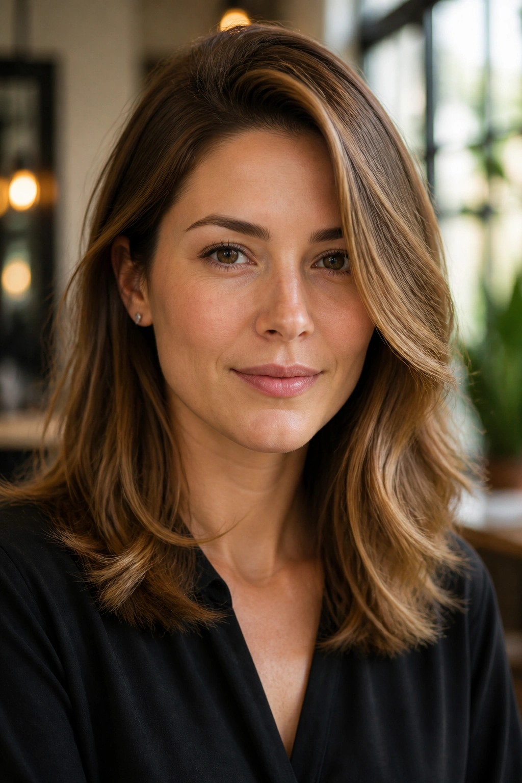 Portrait of a real person with a balanced, layered hairstyle flattering a square face