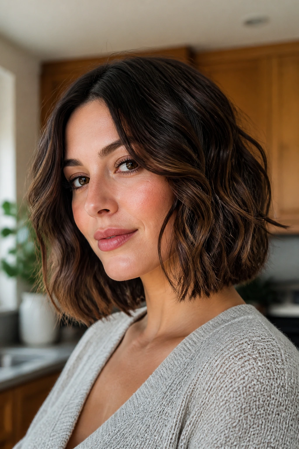 Portrait of a real woman with a wavy lob bending around the jawline to soften angular features.