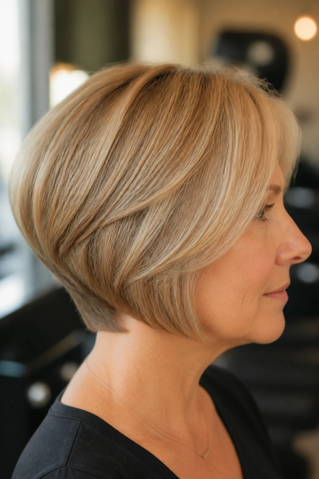Back view close-up of a woman with a stack-back bob and soft ends in warm salon lighting