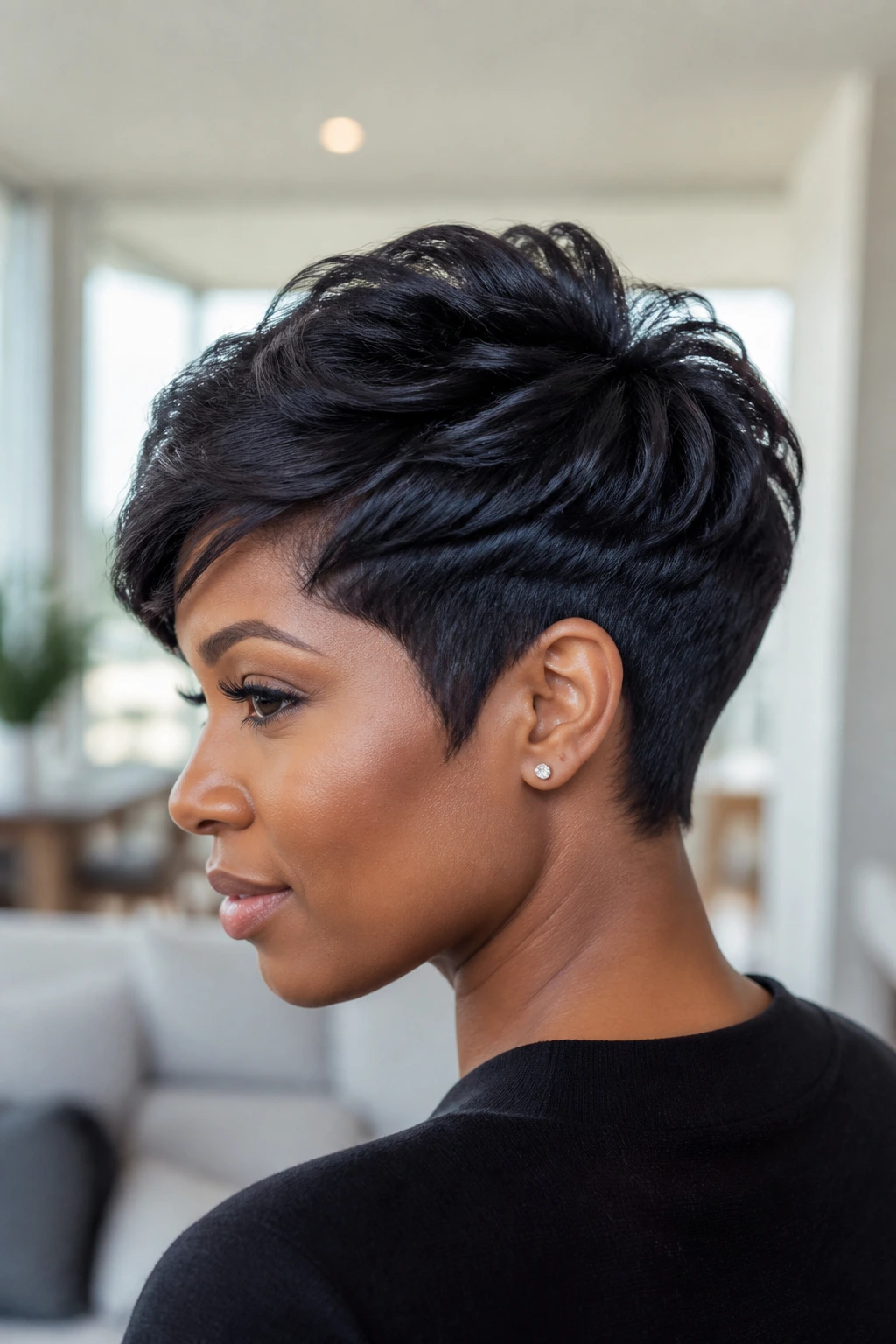 Close-up of a real Black woman with a stack-back pixie and crown lift in a bright living room