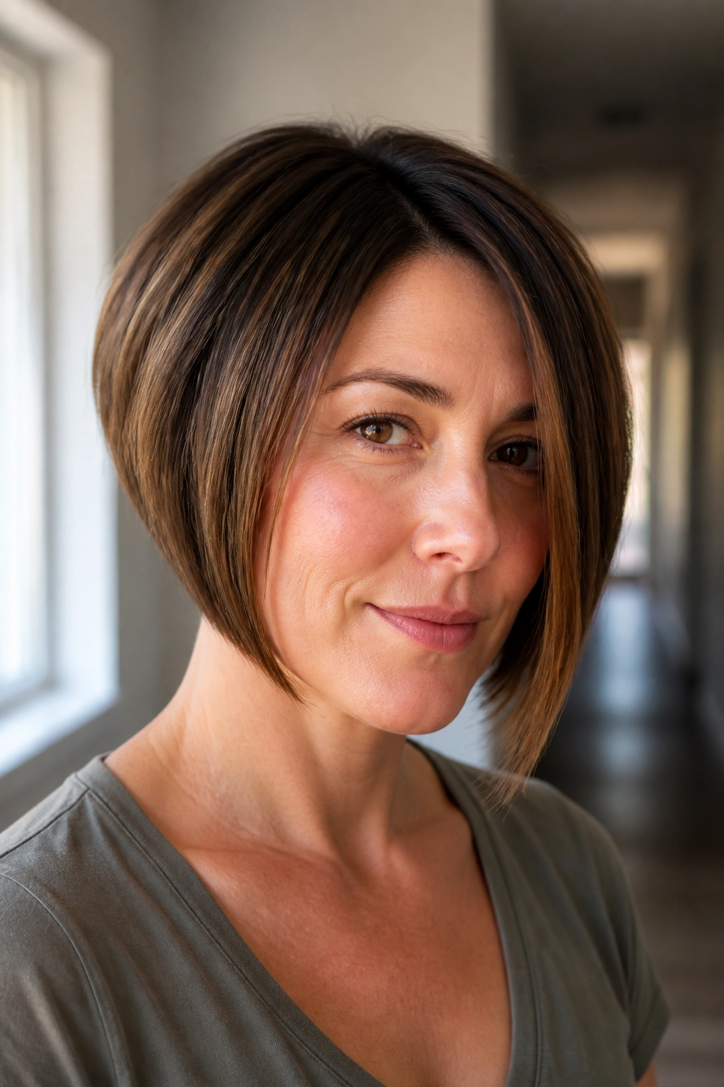 Real woman with stacked A-line bob and tapered back in a bright hallway