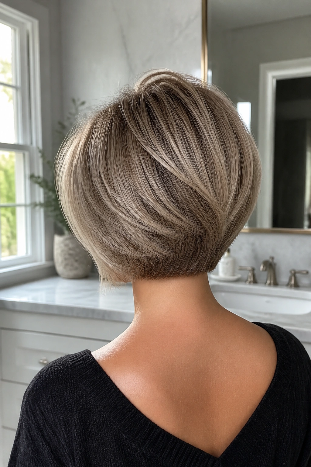 Back-of-head portrait of stacked ash bob with crown height on a real woman