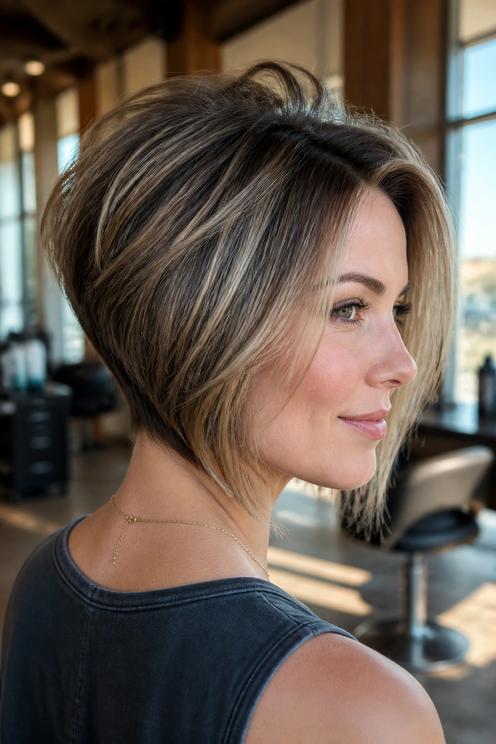 Real woman with stacked crown lift in an elegant salon setting