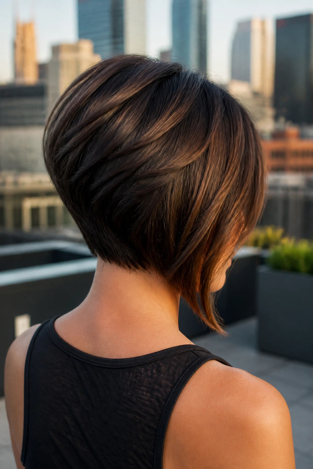 Three-quarter back view of real woman with stacked asymmetrical bob on rooftop setting.