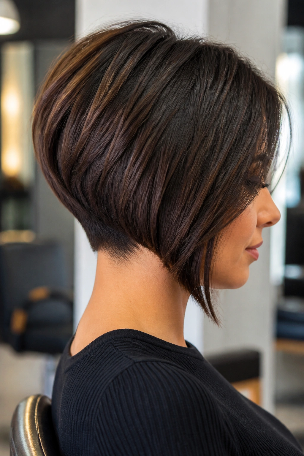 Portrait of a woman with a stacked asymmetrical bob and lift at the nape