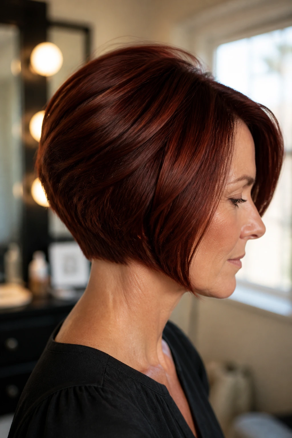 Close-up of a real woman with a stacked deep auburn bob showing back layers.