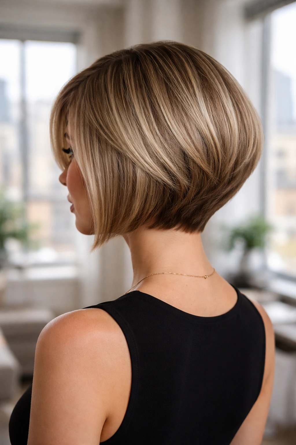 Back view of a real woman showing a stacked back bob and rounded silhouette